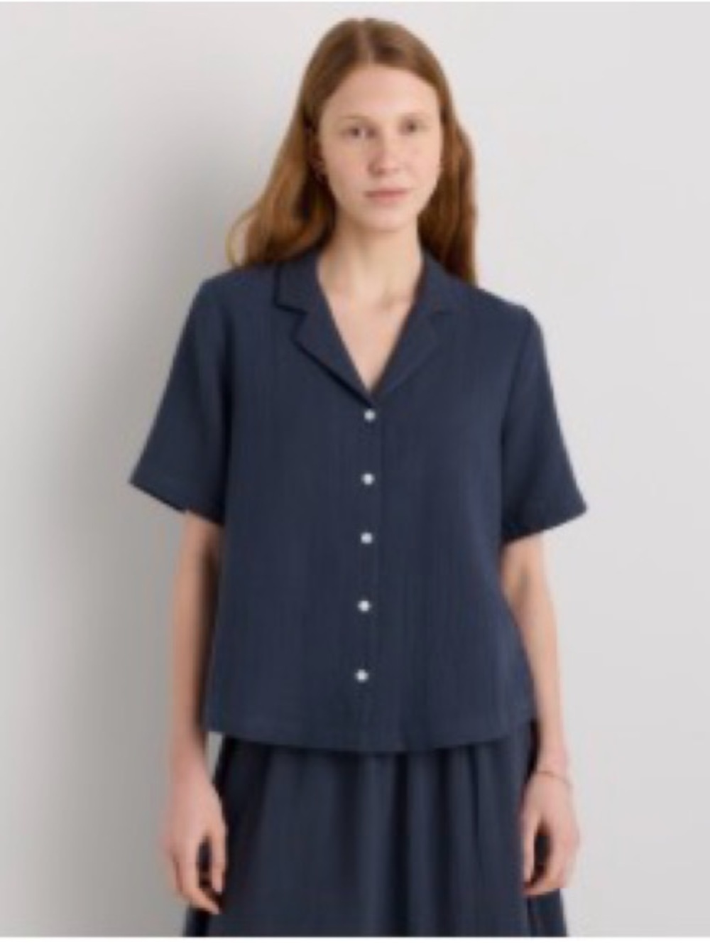 Quince Classic Navy Short-Sleeve Button Front Top